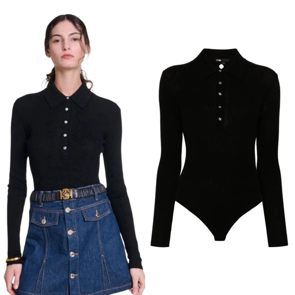 Maje Tops - Maje Wool & Silk Polo Bodysuit Size 3 US Large Black Ribbed Fitted Quiet Luxury